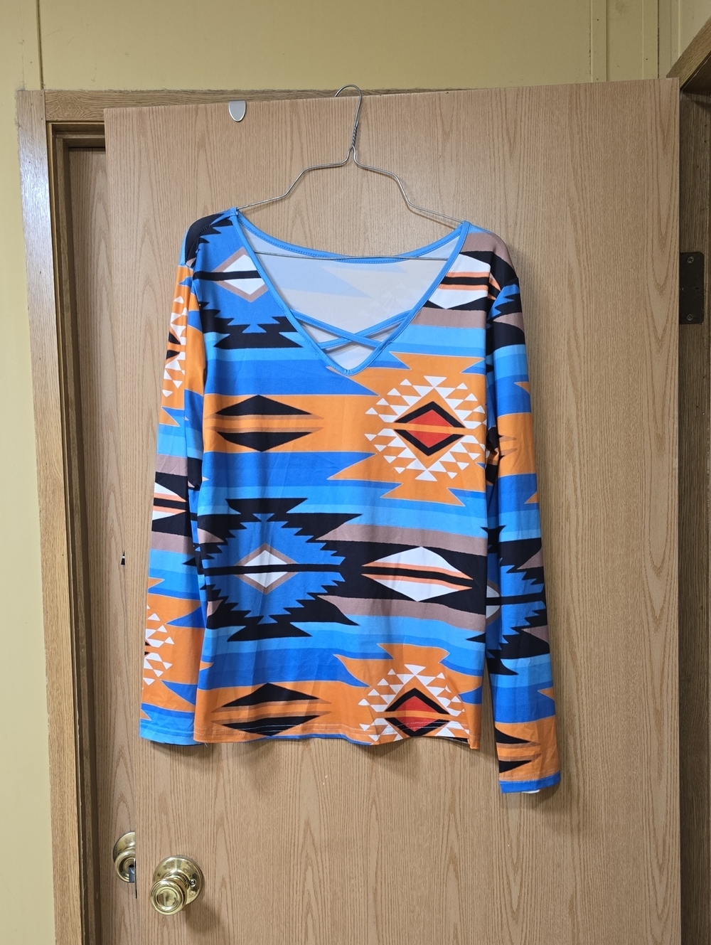 Women's Aztec Print Long-Sleeve Top - Blue & Orange